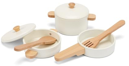 Woet® – Giocattolo da Cucina in Legno per Bambini Piccoli – Set di Pentole e Padelle Bianco 7 Pezzi – Accessori Cucina Giocattolo – A Partire da 2 Anni – Regalo per Bambini
