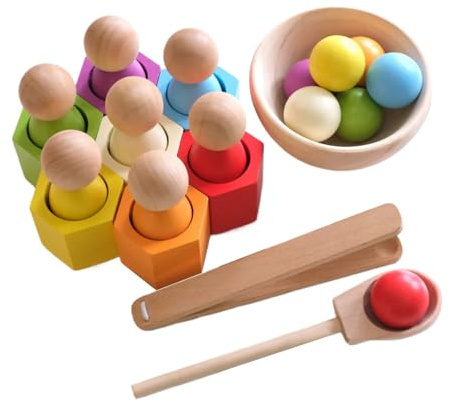 driattie Regenbogen Holzkugeln Mit Bechern M-ontessori Spielzeug Ab 3 Jahre | Holz Sortierspiel Für Farberkennung & Zählen Lernen | Vorschule Lernspielzeug Mit Stapelbechern