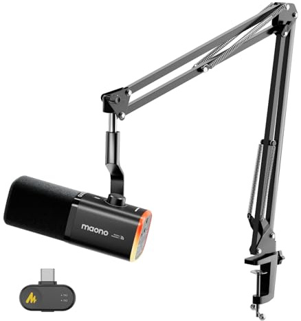MAONO PD100WS Wireless Gaming Microphone for PC, Dynamic Streaming USB Mic with 3 Level Noise Cancelling,RGB,Mute Button, Software EQ,Computer Boom Mic for Podcast, Vocal Recording, Black