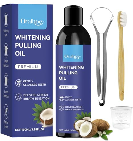 Kit Huile de Coco Naturel Bain de Bouche 100ml avec Gratte Langue et Brosse à dents en Bambou et Doseur, Kit Hygiène Buccale à l'Huile de Coco Naturel pour Haleine Fraîche Blanchiment Dentaire