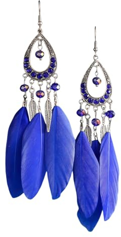 Beadthoven 1 Pair Bohemian Feather Fringe Dangle Earrings Boho Ethnic Antique Silver Alloy Rhinestone Teardrop Earrings with Feather for Women Girls Jewellery, Blue