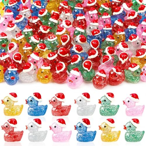 Mini-Enten für Weihnachten, leuchtende Glitzer-Enten, Mini-Enten aus Kunstharz, leuchtet im Dunkeln, Weihnachtsmütze, Entenornament für Weihnachten, Basteln, Zuhause, Party, Gastgeschenke, Dekoration