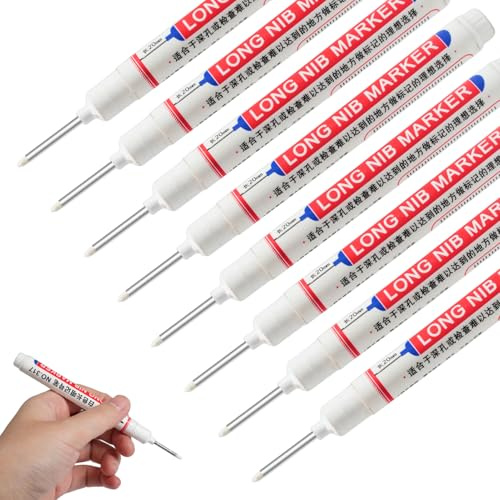 AYHYHLJZJ 8 rotuladores de agujeros profundos blancos, con punta de 20 mm de largo, resistentes al agua para madera, metal, marcadores de perforación, plástico y cartón, color blanco