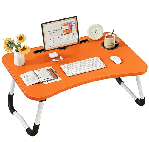 DECODEKO Bandeja para Cama Plegable: Mesa para Cama y Sofá con Portavasos, Mesa Cama Ordenador en Tablero MDF y Metal, 60x40x28 cm, Naranja