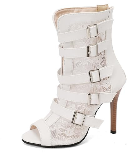 Qynthra Stivaletti alla Caviglia Peep Toe col Tacco Alto Donna Tacco a Spillo Cinturino a Pizzo e Fibbia Stivaletti da Sera Tacchi alla Caviglia Eleganti Cerniera Posteriore,Bianca,46 EU
