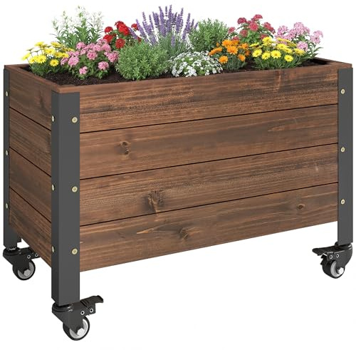 Outsunny Fioriera rialzata in legno, con rotolo di tessuto non tessuto, foro di scarico, fioriera da giardino, fioriera da giardino, fioriera da 60 x 30 x 41 cm, per giardino, balcone, terrazza, fiori