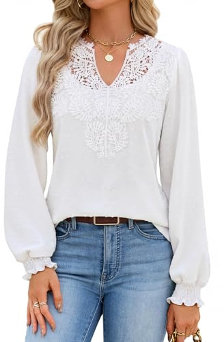 heekpek Womens Tops V Neck Long Sleeve Shirts Boho Lace Top | Casual Blouses,Basic Sexy Peplum T Shirt,Flowy Bohemian Tunic,Autumn Ladies Daily Outfits,Spring Clothing