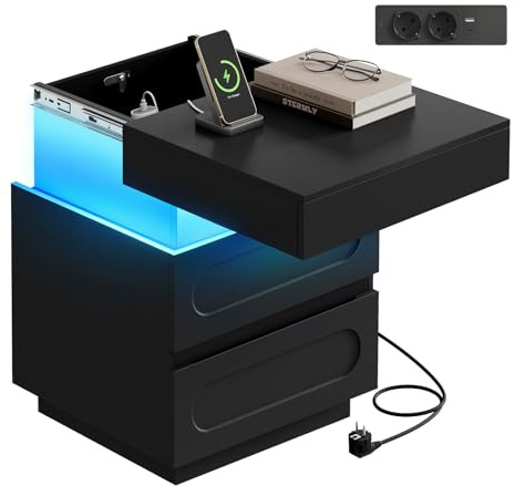 WOLTU Nachttisch mit Ladefunktion und LED-Beleuchtung, Nachtschrank, mit Geheimfach 2 Schubladen, für Schlafzimmer Wohnzimmer, 45x58x40 cm, Schwarz