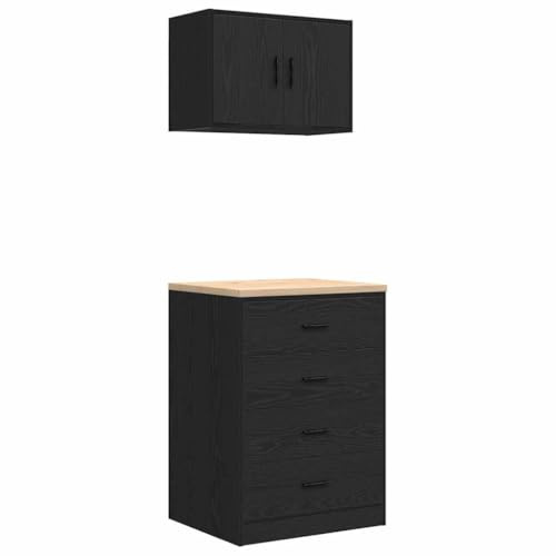 Mhdvray Garagenschränke 2-TLG Set, Werkstattschrank aus Holzwerkstoff mit Kiefer-Arbeitsplatte, Garagen-Aufbewahrungssystem mit Wand- und Unterschrank für Werkstatt, 60cm Breit, Schwarz