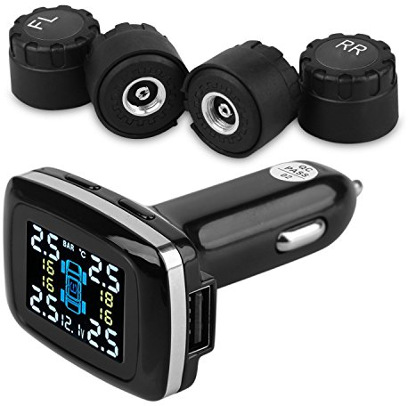 GZCRDZ TPMS inalámbrico Sistema de control de presión de neumáticos con 4 sensores externos, enchufe para encendedor de cigarrillos, pantalla LCD, medidor de temperatura y voltaje de batería