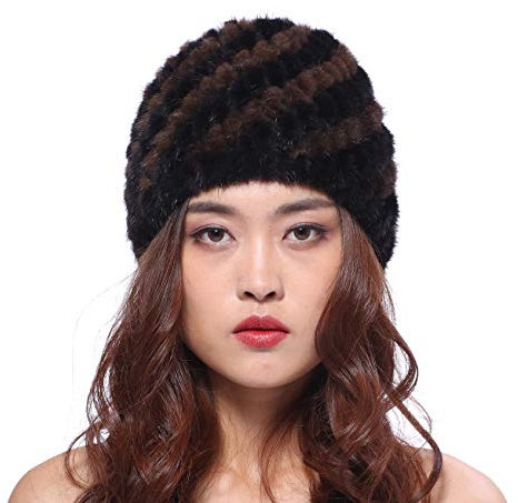Damen Baskenmütze Beret Cap schöne echte Fell Winter Mütze Beanie Barett - braun mit schwarz