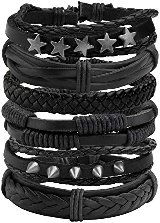 Manfnee 6PCS Braided Faux Leather Bracelet Punk Cuff Wrap Bracelets for Men Women Adjustable Black