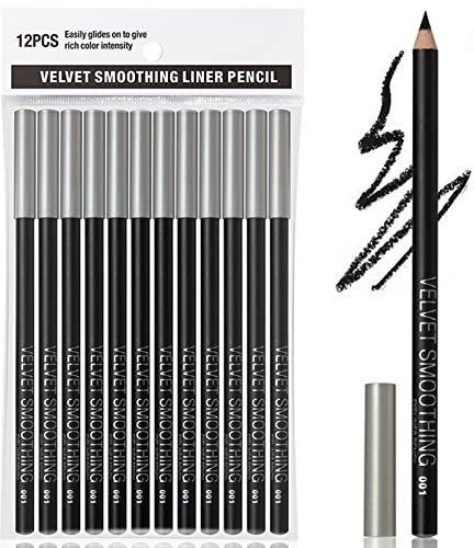 12PCS Erinde Delineador de ojos Negro Soft Highlighter Eye Liner Pencil, Lying Eye Brightener Stick, Eyeshadow Pencil Impermeable Hipoalergénico, Black Lapiz de ojos Lápices de maquillaje