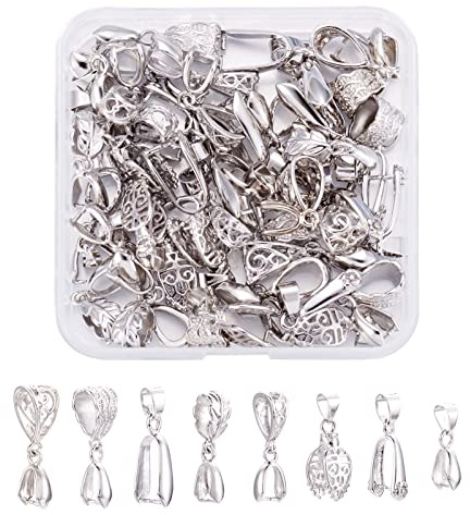Cheriswelry 48 Stück 8 Stile Eispickel Pinch Bügelverschlüsse Haken Clips Baumeln Charms Anhänger Verbinder für gebohrte Steine Baumeln Charm Schmuckherstellung (Platin)