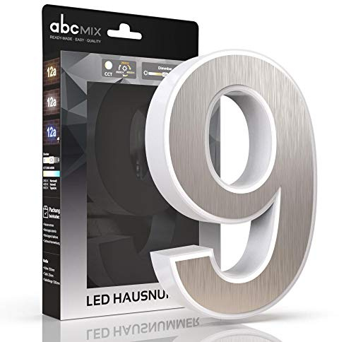 abcMIX LED Hausnummer, personalisierbare beleuchtete Hausnummer, Hausnummernleuchte mit LED - Hausnummer 9, Farbe EDELSTAHL, Lichtfarbeneinstellung, Dimmbarkeit
