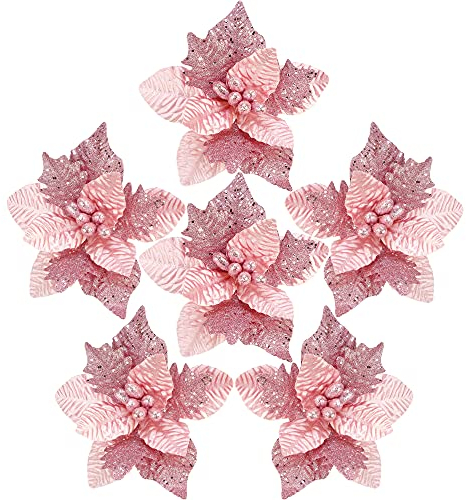 Sea Team Lot de 6 poinsettia artificielles à paillettes pour décoration de sapin de Noël, 25,4 cm, rose