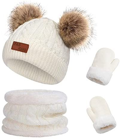 Duoyeree Baby Winter Hat Scarf Glove Beanie Set Girls Boys Pom Pom Knitted Beanie Mitten Scarves for Toddler 0-3T