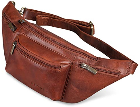 ROYALZ 'Laguna' Bauchtasche Leder Vintage Look Gürteltasche Unisex auch als Brusttasche Crossbody Bag Hüfttasche für Damen und Herren Echtleder, Farbe:Roma Cognac Braun
