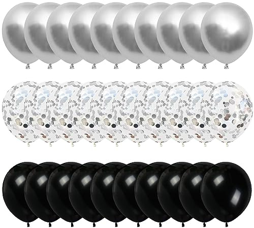 60 Stück 30.5 cm Schwarz Weiß und Silber Luftballons Set - Konfetti und Latex Ballons für Hochzeitstag, Geburtstag und Party Dekorationen