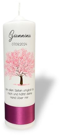 Taufkerze Lebensbaum mit rosa Blueten