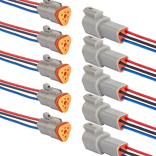 WOODGUILIN Connettore Elettrico DT 3 Pin Impermeabile Spina DT Auto | 5 Paia di Spine Maschio Femmina con Cavo 16AWG da 20cm per Auto Camion Barca Faro LED (5 Paia 3 Pin DT Grigio)