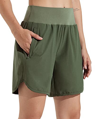 Libin Pantalone Corto Mujer de Deporte con Forro de Secado Rápido Running Atléticos Yoga Gimnasio Shorts con Bolsillos Cremallera, Verde Ejército XL
