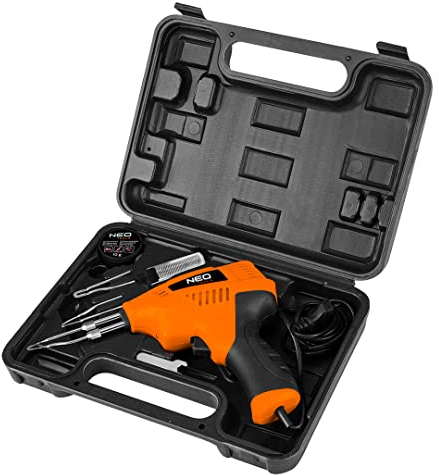 NEO TOOLS Transformator-Lötkolben 200 W mit Temperaturregelung, VDE-Stecker, Schnellaufheizung, 230 V, 50 HZ, Transportkoffer, 2 Spitzen, Lötpaste, Lötzinn, Schraubenschlüssel