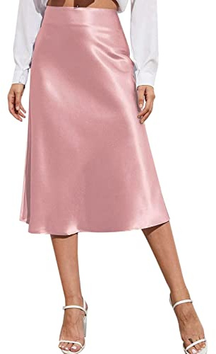 Jupe midi pour femme - Ligne A - Taille haute - Robe en satin solide - Fermeture éclair - Élégante jupe d'été - Étui pour femme, Rose, XS