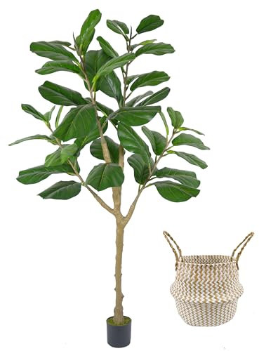 Warmplants Künstlicher Feigenbaum, 1,5 m hoch, künstliche Fiddle Leaves Seidenpflanze mit Korb, Faux Ficus Lyrata Baum für drinnen und draußen, Home Office Wohnzimmer Dekor