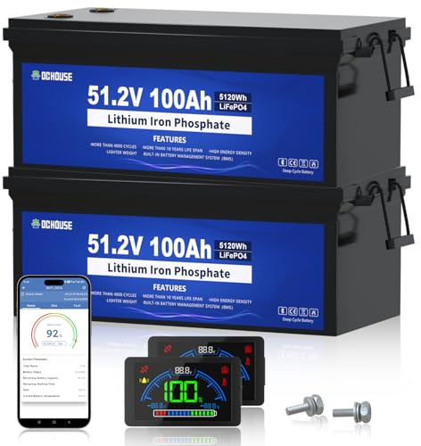 DCHOUSE 2 Pack 48V 100Ah Golfwagen Batterie, integriertes 200A BMS, LCD Monitor & Mobile APP Bluetooth, Spitzenstrom 600A, bis zu 15000 Deep Cycles Lithium Batterie für Solaranlagen, Wohnmobile,RV