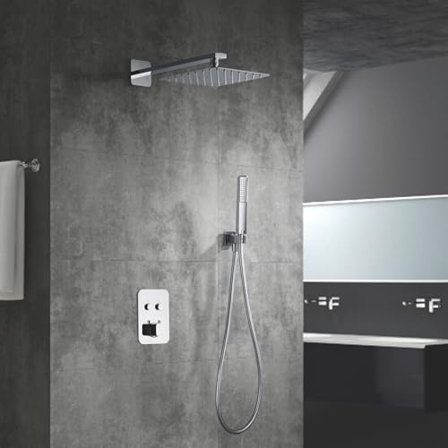 IMEX - Ducha Empotrada Termostática Cromada | Conjunto de Grifería Empotrado con Alcachofa y Rociador Antical Efecto Lluvia | Ducha Empotrada con Grifo en Latón y Acero Inox S.304 | Serie Madeira