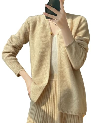 Damen V-Ausschnitt Kaschmir Cardigan 100% Solide Wolle Lose Langarm Strickcardigan Mantel Sweater Jacke, beige, M
