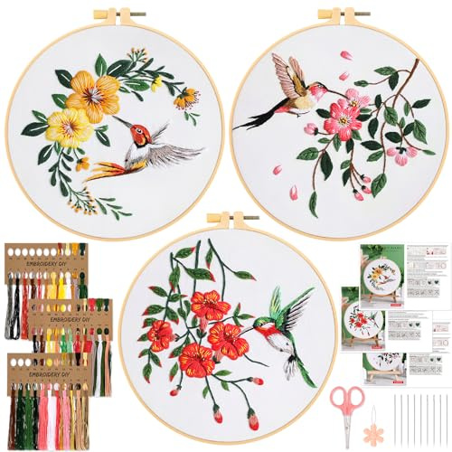 JSRQT 3 Piezas Kit de Inicio de Bordado Flores Pájaros Kits Punto de Cruz Embroidery Kit para Principiantes Adultos Bordado de Mano Cross Stitch a Mano Hilos de Colores y Herramientas Manualidades