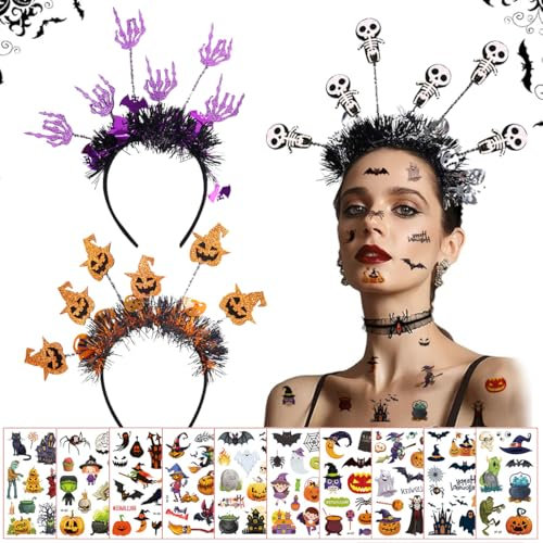 Halloween Haarreif Haarschmuck, 3 Stück Halloween Kopfschmuck und 10 Tattoos Aufkleber, Halloween Stirnband mit Totenkopf, Kürbis und Geister, Halloween Kostüm Accessoire für Kinder Damen Herren