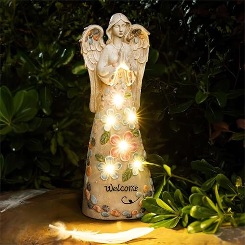 FIYSON Solar Engel Gartenfiguren, Betend Flügel Engelfigur, LED-Schutzengel-Figur, Wetterfest Fairy Engel GartenDeko, Solar Grablicht Outdoor Dekor, für Haus,Hof,Terrasse,Veranda,31x16x10cm (Stil 11)