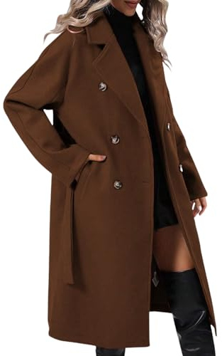Eleganter Wollmantel für Damen, Reverskragen, zweireihig, mittellang, Wintermantel mit Gürteltaschen, Braun, Größe M