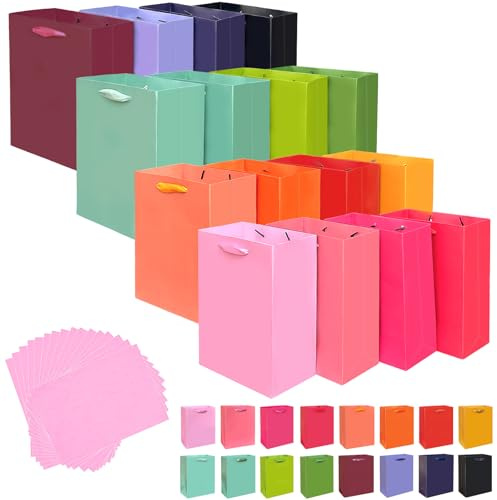 Gcardist Bolsas de regalo de 16 colores para suministros de fiesta, 20 x 11 x 24 cm (8 x 4,3 x 10 pulgadas, 16 unidades + 32 piezas de papel de tejido)