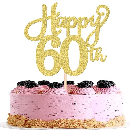 1 Pack Happy 60th Birthday Cake Topper Glitter Cheers to 60 Years Birthday Cake Pick Sixty Hello 60 Fabulous Cake Decoration for Happy 60th Birthday Wedding Anniversary Party Cake Decorations Gold