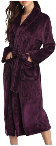 Flodxo Robe de chambre longue en polaire épaisse et chaude avec poches de ceinture et col à revers pour femme