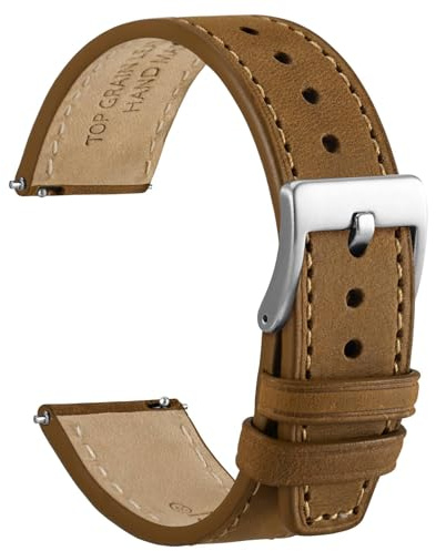 WOCCI 20mm Elite Watch Band, Top Grain Leather, Quick Release, Silver Buckle (Sand)