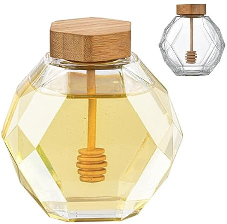 Yiyifor Vaso per miele da 380ML,1pcs Barattolo di Miele in Vetro Trasparente con Coperchio in Legno e Tappo in Sughero Vuoto Ricaricabile per la Casa e la Cucina (Grande)