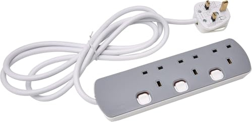 3 Gang Individually Switched UK Mains Extension Lead, Power Switch Extender with 3 sockets Grey/White (1 Meter)