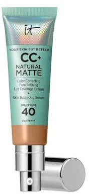 IT Cosmetics Your Skin But Better CC+ Cream Natural Matte LSF 40, 32 ml, Glanz reduzierende, farbkorrigierende und pflegende Foundation mit LSF 40, Getönte Gesichtscreme, Farbton Tan