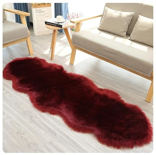 Rockreyoa Lambskin Sheepskin Rug Faux Lambskin Sheepskin Rug Fur Rug Faux Fur Soft Fur Carpet Faux Fur Rug Longhair Fluffy Rug for Bed Rug Sofa Wine Red 60 x 180 cm