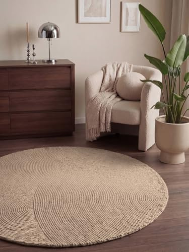 Hanse Home Eleni - Alfombra de Lana Natural para salón, Redonda, Hecha a Mano, Hygge Skandi, para salón, Dormitorio, Comedor, Pasillo, Color Beige Claro, diámetro de 120 cm