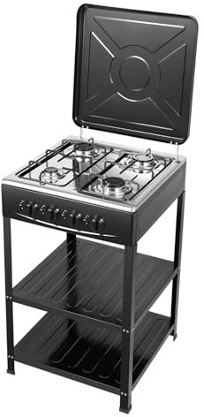 HarBin-Star - Plaque de cuisson à gaz à 4 feux avec support antidérapant, chariot de barbecue avec couvercle, cuisinière à gaz autonome, cuisinière à gaz de camping, 49 x 49 x 79 cm (noir)