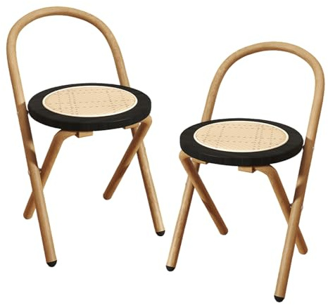 YEQING 2 Sedie Pieghevoli, Sedie da Pranzo Pieghevoli con Seduta in Rattan Intrecciato, Sgabello Pieghevole in Legno per Cucina, Soggiorno, Balcone(Black)