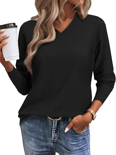 Joligiao Womens Jumpers UK Long Sleeve V Neck Ladies Knitted Tops Cashmere Blend Sweaters Casual Classic Plain Pullover Lightweight Sweatshirt for Autumn Winter Spring Black