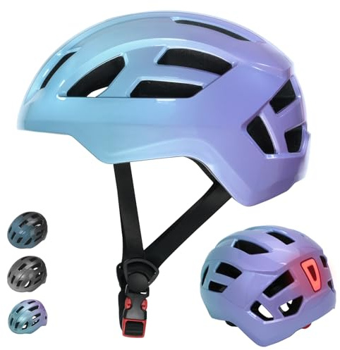 LIRENGUI Casco de Bicicleta con luz Trasera para niños y niñas, luz Trasera Recargable de Seguridad, Talla Ajustables Cascos con Degradado de Color para múltiples Deportes (Azul Violet, M)