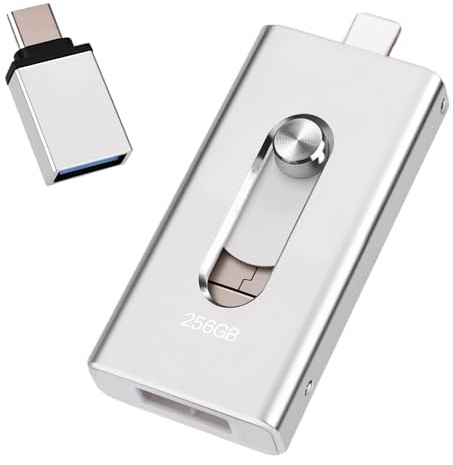 USB Stick 256GB for iPhone, [MFi-certified] 4-in-1 Flash Drive for iphone, Photo Stick for iPhone/iPad/Android/PC, Without App USB 3.0 High-Speed Lightnning Memory Stick Transfer Photos Videos,Silver